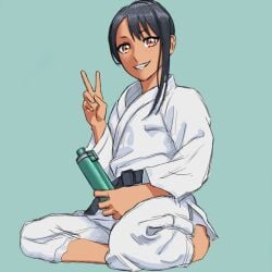 1girls black_hair blue_background bonsai_tonegawa breasts brown_eyes clothed clothing earrings female_focus female_only hayase_nagatoro hi_res long_hair looking_at_viewer martial_arts peace_sign please_don't_bully_me,_nagatoro ponytail pose revealing_clothes simple_background sitting small_breasts smile solo sportswear tan tan_skin tanned