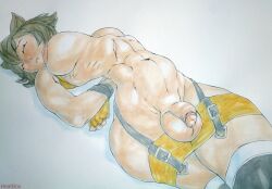 1futa animal_ears arc_system_works arched_back areolae balls big_breasts big_hips blazblue breasts closed_eyes clothed clothing exaggerated_anatomy flaccid futa_only futanari heatbox humanoid humanoid_penis intersex kemonomimi light-skinned_futanari light_skin lying makoto_nanaya medium_penis mostly_nude nipples on_back penis solo thighhighs topless traditional_media_(artwork) wide_hips