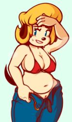 2022 anthro belly belt bikini bikini_top blonde_hair bodily_fluids bottomwear bra breasts canid canine canis chipposter chubby cleavage clothed clothing denim denim_clothing domestic_dog erect_nipples female genitals grin hair heat_(temperature) jeans mama_parappa mammal musk_clouds nipple_bulge no_panties open_bottomwear open_clothing open_pants overheated pants pants_down parappa_the_rapper partially_clothed portrait pussy slightly_chubby smile solo sony_corporation sony_interactive_entertainment standing sweat swimwear three-quarter_portrait undressing video_games wiping_forehead