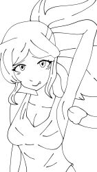 1boy 1girls amanda_(my_story_animated) armpit_sex armpits arms_behind_head arms_up bangs black_and_white blush blush_lines cleavage clothed clothed_female clothed_sex female female_focus highres long_hair msaedits69 my_story_animated self_upload sex youtube