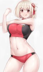 1girls bangs blonde_hair breasts chisato's_thighs hair_ornament highres huge_breasts looking_at_viewer lycoris_recoil midriff navel nishikigi_chisato r-binon red_eyes short_hair simple_background solo sports_bra standing thighs white_background