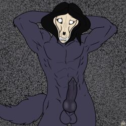 1:1 abs anthro balls black_body black_fur canid canine derjinzo erection fur genitals hi_res knot male male_only mammal muscular muscular_male nude penis scp-1471 scp_foundation signature solo