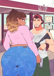 1boy 1girls breasts brown_skin cap cdlum eyelashes female gas_station grand_theft_auto grand_theft_auto_vi gun hat hispanic huge_ass jason_(gta) jeans latina looking_at_viewer lucia_(gta) male ponytail puerto_rican rockstar_games thick_thighs voluptuous weapon