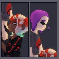 blowjob bone_pattern clothed clothing cum gay hand_on_head ikkan_(splatoon) male/male red_eyes relief splatoon splatoon_2 splatoon_3 warabi_(splatoon)