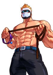 1boy bara belly_button belt blonde_hair blue_eyes blush collar holding_collar holding_leash holding_object human human_only indie_virtual_youtuber leash looking_at_viewer looking_down looking_down_at_viewer low-angle_view male male_only manly masked_himbo mondoart muscular muscular_male pants pecs silvyspark six_pack solo virtual_youtuber