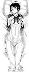 1girls cameltoe konery_(reasonyou) lying monochrome panties pice1234 school_uniform shirt_lift short_hair small_breasts solo