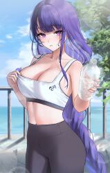 1girls artist_request beauty_mark braided_hair breasts daytime female fit_female genshin_impact gym_clothes large_breasts light-skinned_female light_skin long_hair looking_at_viewer midriff modern_setting mole_under_eye navel offering_to_viewer outdoors purple_eyes purple_hair raiden_shogun sports_bra sportswear sweat sweaty_body water water_bottle wet wet_body wet_skin yoga_pants