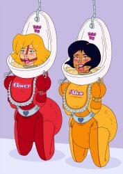 2girls alex_(totally_spies) black_hair blonde_hair bondage clover_(totally_spies) dark-skinned_female dark_skin diaper female forniphilia human_toilet human_urinal humiliated humiliating humiliation implied_watersports latina nose_hook peeing peeing_on_another skintight toilet toilet_slave totally_spies urinal urination urine watersports wishberri