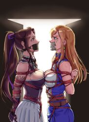 2girls arms_behind_back arms_tied_behind_back big_breasts blonde_hair blue_eyes bondage breasts brown_hair clothed clothing earrings female femsub gag gagged hi_res looking_at_another mole mole_under_eye multiple_girls multiple_subs original original_character panel_gag purple_eyes root001 rope rope_bondage skirt tape_gag