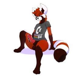 absurd_res ailurid animal_genitalia animal_penis anthro balls bodily_fluids canine_penis clothing genital_fluids genitals hi_res knot lambda_(character) male mammal masturbation penis precum red_panda shirt simple_background solo t-shirt tinysmallman topwear