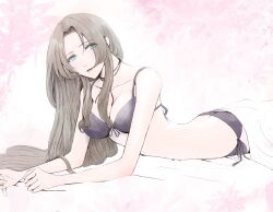 1girls aerith_gainsborough ass ass_cleavage bed_sheet bikini black_bikini black_swimsuit breasts brown_hair butt_crack final_fantasy final_fantasy_vii green_eyes large_breasts laying_on_stomach long_hair looking_at_viewer side-tie_bikini side-tie_swimsuit swimsuit tico_(artist)