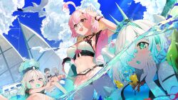 5girls beach_ball belly_button bird blue_eyes blush_lines boat bow bubbles clouds cowlick crown dripping eyebrows_visible_through_hair fish glasses green_eyes green_mouth hair_covering_eye highres hiiragi_mikoto long_hair matching_hair/eyes medium_breasts midriff multiple_girls open_mouth original_character partially_submerged partially_underwater_shot pink_eyes pink_hair sae_(vtuber) short_hair slime slime_girl slime_hair submerged swim_ring tentacle underwater virtual_youtuber water