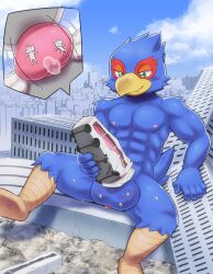 anthro avian balls bird blue_body bodily_fluids canid canine city destruction erection falco_lombardi genital_fluids genitals hi_res internal macro male male_only mammal masturbation nintendo ofuro penetrable_sex_toy penetration penile penis precum sex_toy sitting solo star_fox train train_penetration vehicle video_games worship