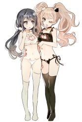 2girls bell_choker black_bra black_eyes black_hair black_lingerie black_panties blonde_hair bra breasts cat_bell cat_keyhole_bra cat_keyhole_lingerie cat_lingerie choker danganronpa danganronpa:_trigger_happy_havoc danganronpa_1 female female_only green_eyes hair_ornament hair_scrunchie junko_enoshima lingerie maizono_sayaka medium_breasts midriff multiple_girls navel otohime_(artist) painted_fingernails panties side_boob straight_hair thighhighs twintails white_bra white_lingerie white_panties