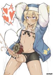 1boy balls blonde_hair blue_hair blush bridget censor_bar censored compression_shorts cum cumshot ejaculation erect_penis guilty_gear guilty_gear_strive handsfree_ejaculation heart-shaped_pupils hoodie long_hair male male_only nohtuy18 penis pleasure_face queen_of_spades ripped_shorts shorts solo solo_male spandex_shorts spoken_heart standing testicles thick_thighs thighs visible_breath yo-yo