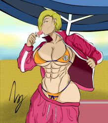 abs android_18 apoliac-99 beach bikini blonde_hair dragon_ball dragon_ball_super ice_cream large_breasts looking_at_viewer milf muscular muscular_female open_shirt orange_bikini six_pack turtle_school_bikini undressing