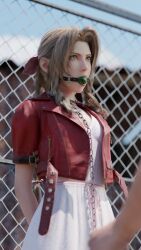 3d aerith_gainsborough ball_gag bondage bound brown_hair chains clothing drool drooling female femsub final_fantasy final_fantasy_vii final_fantasy_vii_remake fully_clothed gag gagged leash restrained rindekey tied_up