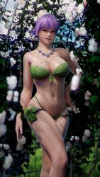 1girls 3d 3dloveandpeace ayane_(doa) brown_eyes cleavage dead_or_alive flower_necklace huge_breasts leaf_bikini looking_at_viewer short_hair voluptuous