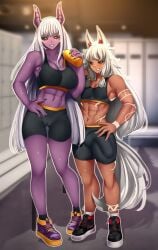 bulge dark_eyes dark_skin hung_trap jahi_the_jackal purple_skin sweat white_hair zanna_(character)