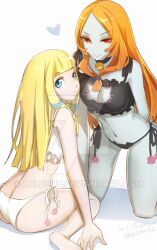 2girls ass ass_cleavage black_bra black_panties blonde_hair blue_eyes blush bra breasts butt_crack cat_lingerie female female_only image_sample long_hair lulubuu medium_breasts meme_attire midna multiple_girls nintendo orange_hair panties pointy_ears princess_zelda red_eyes side-tie_panties skyward_sword smile the_legend_of_zelda twili_midna twilight_princess watermark white_background white_bra white_panties zelda_(skyward_sword)