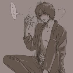 blush cum cum_on_hand cum_on_self gintama holding_penis japanese_clothes kiichi_(kzn) male male_only masturbation monochrome open_shirt penis_out sakamoto_tatsuma sitting solo sweat