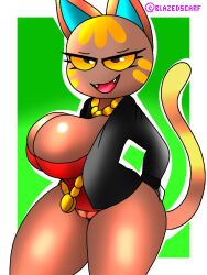 animal_crossing anthro big_breasts blazedscarf bottomless breasts brown_body bursting_breasts cleavage cleavage_overflow clothed clothing digital_media_(artwork) domestic_cat eyelashes fangs felid feline felis female fur furry furry_only genitals gold_(metal) gold_jewelry hands_on_hips hi_res huge_breasts jacket jewelry katt katt_(animal_crossing) large_breasts mammal necklace nintendo open_mouth partially_clothed pussy simple_background smile smooth_fur solo tail thick_thighs thighs three-quarter_portrait thunder_thighs topwear video_games wide_hips yellow_eyes