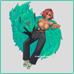 big_breasts brazilian brazilian_female breasts canid canine canis clothed clothing duo female feral fur giovanna_(guilty_gear) green_body green_fur guilty_gear hair hi_res human mammal nipples partially_clothed red_hair rei_(guilty_gear) slimedhearts solo tan tan_body tan_skin wolf