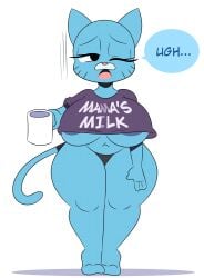 1girls anthro big_breasts blue_skin breasts bubble_butt busty clothing cuadra_side domestic_cat feline female female_only half-closed_eyes huge_breasts large_breasts looking_at_viewer milf mother mug nicole_watterson no_bra panties shirt text text_on_clothing the_amazing_world_of_gumball thick_thighs tired underboob waking_up wide_hips