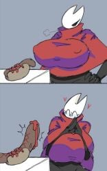 1girls big_breasts breasts cape cloak female funny hollow_knight hornet_(hollow_knight) humor nipples osakana2gou penis red_cape size_difference