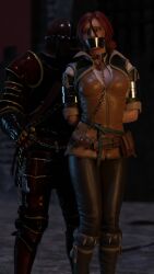 2boys 2girls 3d bondage bound bound_arms chains collar female gagged leash leash_pull metal_bondage panel_gag public_bondage red_hair restrained rindekey sorceress the_witcher_(series) the_witcher_3:_wild_hunt triss_merigold walking