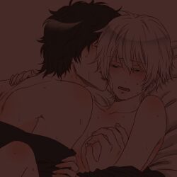 1boy 1girls ambiguous_penetration bare_shoulders blush canon_genderswap female genderswap_(mtf) ginko_sakata gintama gintoki_sakata implied_sex kiichi_(kzn) male nipple_pinch nipple_tweak off_shoulder on_bed open_mouth restricted_palette rule_63 sakamoto_tatsuma short_hair sweat upper_body white_hair