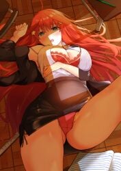 blue_eyes clumsy female glasses go-toubun_no_hanayome long_hair lying lying_down lying_on_back nakano_itsuki on_back panties pantyshot pencil_skirt red_hair skirt solo teacher underwear very_long_hair yakutashi