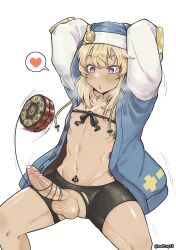 1boy balls blonde_hair blue_hair blush bridget censor_bar censored compression_shorts erect_penis guilty_gear guilty_gear_strive hoodie long_hair male male_only nohtuy18 penis queen_of_spades ripped_shorts shorts solo solo_male spandex_shorts standing testicles thick_thighs thighs visible_breath yo-yo