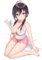 absurdres ahoge bare_arms bare_legs bare_shoulders barefoot black_hair breasts brown_eyes cleavage closed_mouth collarbone colored_condom condom cum dot_nose female hand_up highres holding holding_condom large_breasts long_hair looking_at_viewer low_twintails original pink_shorts puchiman shorts sitting smile solo tank_top twintails used_condom wariza white_tank_top