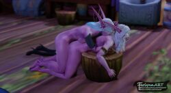 3d anal_sex bending_over darnassus doggy_style druid_(warcraft) dryarae female ferlynn futa_on_female futanari night_elf vaginal_penetration white_hair world_of_warcraft