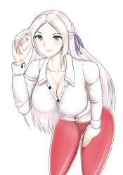 1girls blouse breasts cameltoe cleavage edelgard_von_hresvelg fire_emblem fire_emblem:_three_houses fully_clothed hand_through_hair large_breasts leggings looking_at_viewer nintendo pakku1 pinup purple_eyes ribbons smile solo white_background white_hair