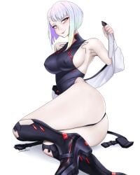 1girls ass breasts cd_projekt_red cyberpunk cyberpunk:_edgerunners cyberpunk_2077 dismaiden eye_contact female female_only leotard light_skin looking_at_viewer lucyna_kushinada multicolored_hair netflix nipple_bulge purple_eyes silver_hair smile solo solo_female studio_trigger thick_thighs thighs