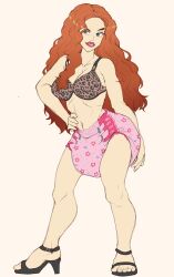 1girls big_breasts bra breasts cleavage diaper female freckles green_eyes high_heels original_character red_hair solo solo_female xjio