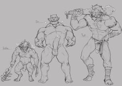 balls biceps bodily_fluids bottomwear clothing club_(weapon) curtis_wuedti erection genital_fluids genitals goblin goblin_male group half-erect heart hi_res horn humanoid loincloth male male/male male_only melee_weapon orc pecs penis precum proud_of_his_cock showing_penis size_difference trio troll tusks weapon