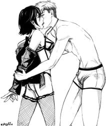 1boy 1girls alternate_universe asian asian_female attack_on_titan black_and_white black_hair black_socks boxer_briefs boxers_only erection_under_underwear female fishnet_legwear fishnet_socks fishnet_stockings fishnet_thighhighs fishnets french_kiss goth_mikasa imminent_sex jean_kirstein jeankasa kissing lingerie male male/female male_underwear mikasa_ackerman modern_au necklace_pull shingeki_no_kyojin shynii socks standing stockings straight suggestive suggestive_clothes thigh_socks thighhighs tongue_kiss undressing undressing_partner