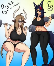 2girls abs ambiguous_background big_breasts black_hair breasts brown_hair cow_ears cow_girl cow_horns cow_tail fury_o gym_uniform hi_res huge_breasts kemonomimi kimiko(fury_o) long_hair muscle muscular muscular_female oc original original_character original_characters ray(fury_o) short_hair sunglasses sunglasses_on_head tagme thick_thighs thighs weightlifting weights working_out workout workout_clothes workout_clothing