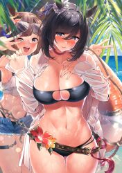 2girls absurdres bangs bare_shoulders beach belt bikini black_bikini black_hair blue_eyes blue_sky blush breasts brown_hair cleavage collarbone commentary_request day eishin_flash_(umamusume) eyewear_on_head flower grey_eyes highleg highleg_bikini highres horse_girl kawai_(purplrpouni) large_breasts long_hair long_sleeves multiple_girls navel ocean off_shoulder open_mouth outdoors palm_leaf shirt short_hair sky smile sunglasses swimsuit thighs tosen_jordan_(umamusume) umamusume wet wet_clothes white_shirt