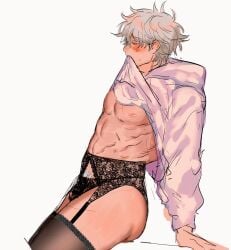 akoku bare_midriff black_legwear black_panties black_thighhighs blush crossdressing garter_belt garter_straps gintama gintoki_sakata hoodie lace lace-trimmed_thighhighs lace_panties lace_trim lingerie male male_only male_pubic_hair muscular muscular_male nylons panties profile pubic_hair_peek shirt_in_mouth shirt_lift solo stockings sweat thick_thighs thighhighs white_hair