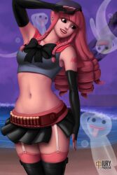 1girls crop_top female female_only garter_straps horo_horo_no_mi iury_padilha navel one_piece perona pink_hair salute skirt solo tummy