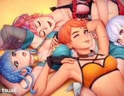 4girls :o armpits arms_up artist_name bare_shoulders between_breasts bikini blue_hair braid breast_grab breasts cleavage closed_eyes collarbone cross-laced_clothes crown_braid eyewear_on_head female female_only fire_emblem fire_emblem:_three_houses fire_emblem_heroes grabbing grey_hair head_on_another's_stomach hilda_valentine_goneril hilda_valentine_goneril_(summer) jewelry large_breasts laying_down laying_on_person leonie_pinelli leonie_pinelli_(summer) long_hair looking_at_viewer lying lysithea_von_ordelia marianne_von_edmund marianne_von_edmund_(summer) medium_breasts multiple_girls neck_ring nintendo nose official_alternate_costume on_back one_eye_closed orange_eyes orange_hair pink_eyes pink_hair purple_eyes short_hair smile sports_bra swimsuit tinted_eyewear tongue tongue_out tsuaii white_hair