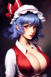 1girls 2:3 aged_up ai_generated blue_hair bow breasts cleavage clothing dress_shirt female female_only frills hat hat_bow hat_ribbon highres huge_breasts light-skinned_female light_skin lips looking_at_viewer mob_cap pale-skinned_female pale_skin realistic red_eyes red_vest remilia_scarlet ribbon shirt short_hair solo solo_female stable_diffusion touhou vampire vest wavy_hair white_shirt