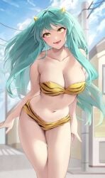 :d animal_print bikini blush breasts cleavage fangs female green_hair horns long_hair looking_at_viewer lum medium_breasts navel oni oni_horns open_mouth outdoors pointy_ears smile solo standing strapless swimsuit tagme tiger_print urusei_yatsura yellow_eyes