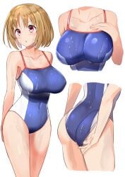 ass blue_one-piece_swimsuit blush breasts brown_hair classroom_of_the_elite collarbone commentary_request competition_swimsuit covered_navel female highres kushida_kikyou large_breasts looking_to_the_side one-piece_swimsuit pink_eyes short_hair simple_background solo swimsuit thighs two-tone_swimsuit wet white_background white_one-piece_swimsuit youkoso_jitsuryoku_shijou_shugi_no_kyoushitsu_e yuuzuki_(re'ef)