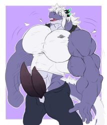 abs andros anthro biceps big_biceps big_muscles big_pecs big_penis bottomwear clothed clothing diphallia diphallism dragon erection fur furred_tail genitals growth hair hi_res horn makeembig male male_only multi_genitalia multi_horn multi_penis multicolored_body multicolored_fur muscle_growth muscular muscular_anthro muscular_male open_bottomwear open_clothing open_pants pants pecs penis purple_background purple_body purple_skin scalie shirt simple_background solo standing surprise surprised_expression topwear torn_clothing torn_shirt torn_sleeves torn_topwear two_tone_body two_tone_fur veiny_muscles white_clothing white_hair white_shirt white_topwear