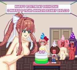 >_< 1boy 4girls :0 absurd_res absurdres banner blue_eyes blush bow breasts brown_hair cake completely_nude completely_nude_female doki_doki_literature_club embarrassed embarrassed_female embarrassed_naked_female embarrassed_nude_female enf female flustered food full_body green_eyes male monika_(doki_doki_literature_club) multiple_girls naked naked_female natsuki_(doki_doki_literature_club) no_clothes nude nude_female nudist orange_hair pants party party_hat pink_hair pixel pixel_(artwork) pixel_art ponytail purple_hair red red_bow red_skin sayori_(doki_doki_literature_club) school_uniform smile smiling text thelewderturner uniform white_bow white_eyes yuri_(doki_doki_literature_club)